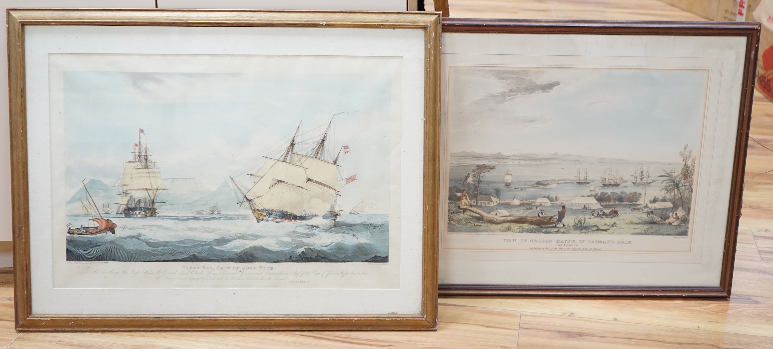 After William John Huggins (1781-1845) and after Thomas Allom (1804-1872), two colour prints comprising Nelson's Haven, Tasman's Gulf, New Zealand and Table Bay, Cape of Good Hope, largest 47 x 70cm